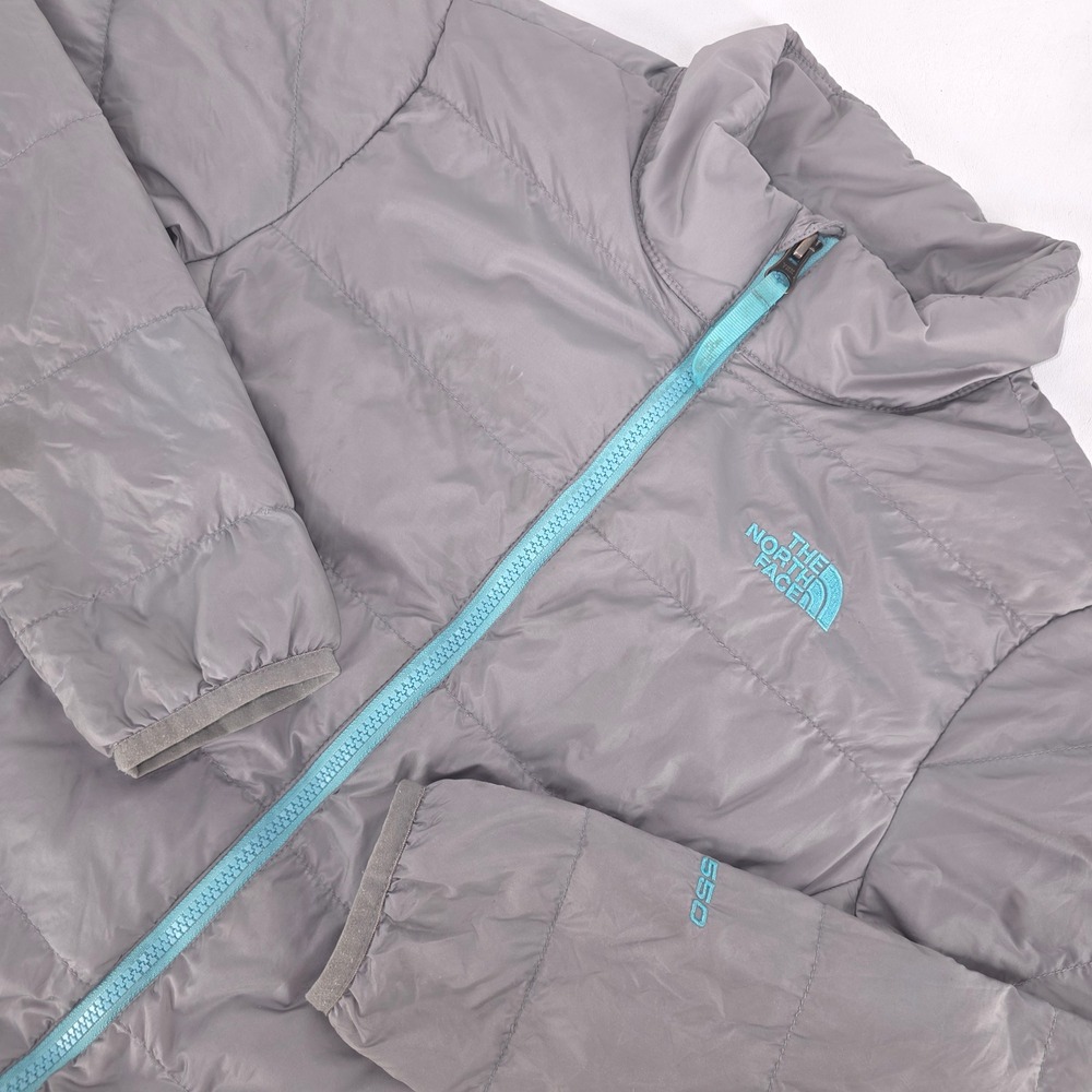 The North Face Goose Down Jacket Girls Medium‎ Gray Teal 550 Quilted Puffer Coat